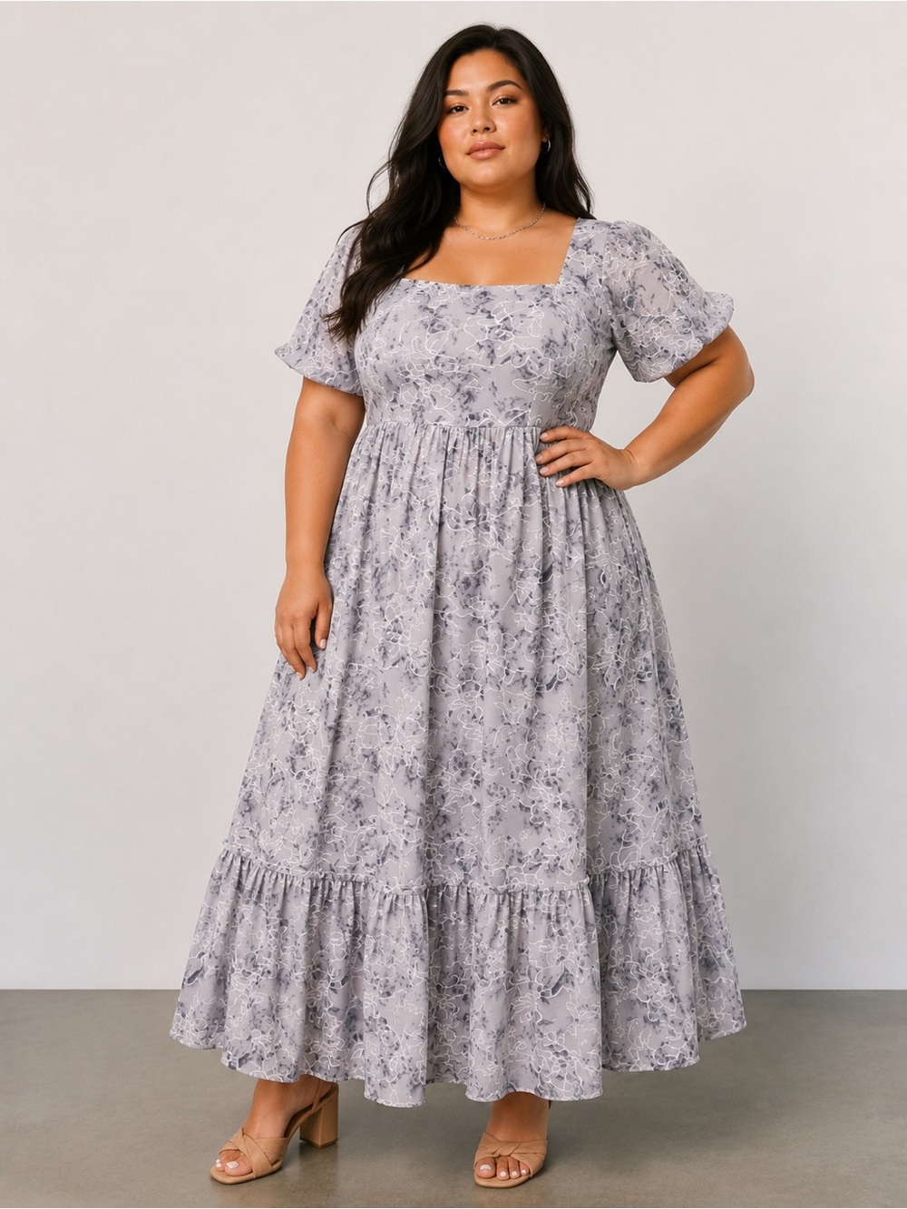 Baltic Born Helena Embroidered Floral Maxi Dress Slate Blue Gray 2XL Pockets